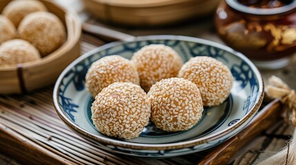 Delightful Sesame Balls: A Traditional Asian Sweet Treat on a Wooden Table