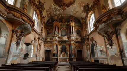 Obraz premium Captivating Beauty of an Abandoned Church Interior with Historical Architecture