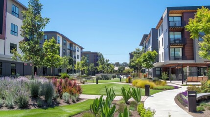 Fototapeta premium Lush Community Park Surrounded by Modern Apartment Buildings