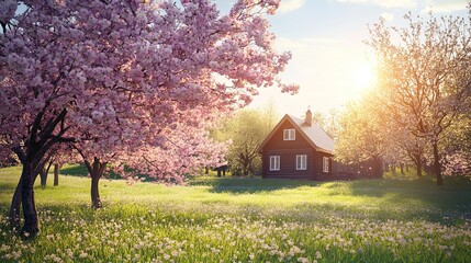 Fototapeta premium A serene spring landscape featuring blooming cherry blossoms and a sunlit cabin nestled amidst tranquil nature. 