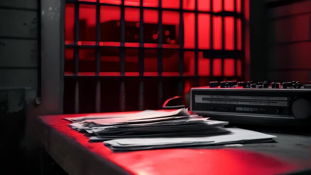 Mysterious Interrogation Room with Papers and Retro Tape Recorder