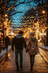 Fototapeta premium A couple walking together on a city street, hand in hand