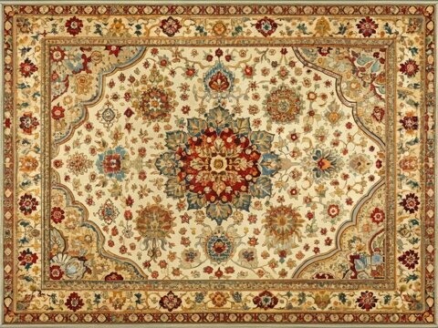 Intricate oriental rug with vibrant colors and detailed geometric patterns, set against a creamy white background with subtle texture