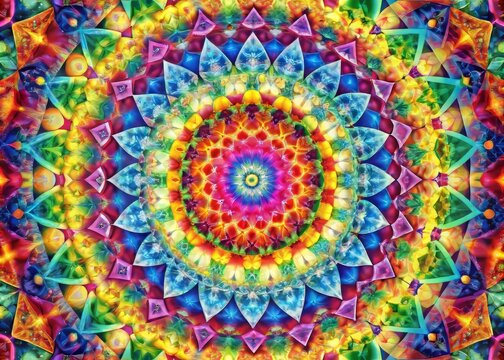 A kaleidoscopic illustration of a sacred geometric mandala, featuring overlapping patterns of triangles, squares, and circles in a riot of bright, clashing colors.