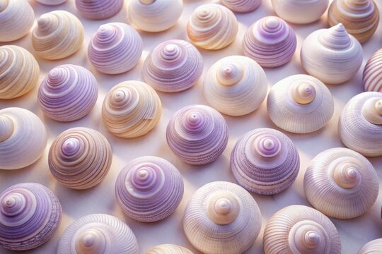 rows of cylindrical wentletrap shells in soft lavender and cream hues on a subtle gradient background with clean lines and precise illustration of the shells' spiral ridges