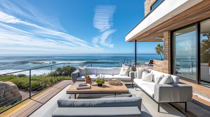 Fototapeta premium Tranquil Coastal Oasis: A Modern Outdoor Living Space with Ocean Views