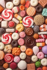 Fototapeta premium Colorful Candy Assortment, Top view of various sweets including gummies, chocolates, and lollipops, Bright and playful confectionery layout, Sweet Tooth Delight