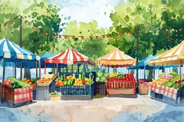 A vibrant watercolor depiction of a bustling farmers market scene