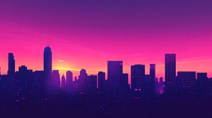 Fototapeta premium A breathtaking skyline of a futuristic city at dusk, featuring neon-lit high-rise buildings silhouetted against a vibrant gradient sky. 