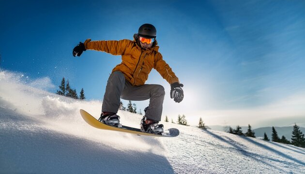 Snowboarders carving through fresh powder.