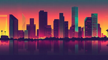 Obraz premium A breathtaking skyline of a futuristic city at dusk, featuring neon-lit high-rise buildings silhouetted against a vibrant gradient sky. 