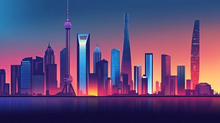 Obraz premium A breathtaking skyline of a futuristic city at dusk, featuring neon-lit high-rise buildings silhouetted against a vibrant gradient sky. 