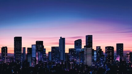 A breathtaking skyline of a futuristic city at dusk, featuring neon-lit high-rise buildings silhouetted against a vibrant gradient sky. 