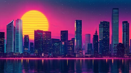 Obraz premium A breathtaking skyline of a futuristic city at dusk, featuring neon-lit high-rise buildings silhouetted against a vibrant gradient sky. 