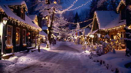 Charming neighborhood street with festive decorations, covered in snow, creating a winter wonderland scene.