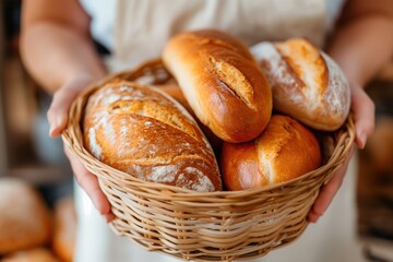 Baker holding fresh bread in woven basket