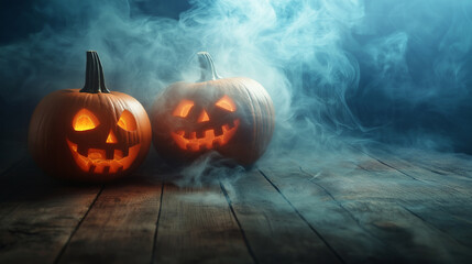 Halloween night orange pumpkin, carved with frightening face, emitted cloud of smoke it sat amidst dark autumn leaves, creating skittish atmosphere filled with ghostly horror evil sense of dread.