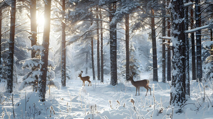 Winter wonderland, deer roam free in a peaceful snowy forest, a serene and picturesque scene.