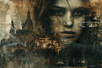 Obraz premium A woman's face with a cityscape in the background