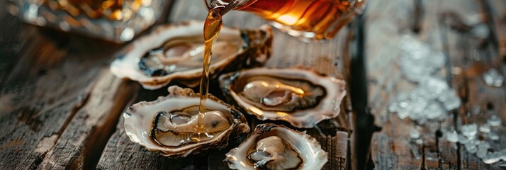 Irish sailor tradition of pairing oysters with whiskey, pouring whiskey into an oyster shell on a rustic wooden table.