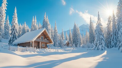 Serene snowy winter landscape featuring frosted pine trees and a sunlit cabin nestled in the wilderness.