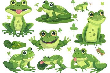 A collection of cartoon frogs with various facial expressions, great for illustrations and designs