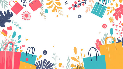 ショッピングバッグとカラフルな植物のフレーム