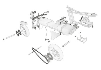 Disassembled motorcycle on a white background. Unique design.  