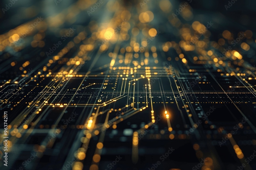 Poster detailed view of a computer circuit board with various components and wires