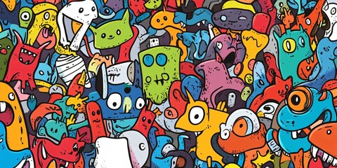 Obraz premium Colorful Doodle Monster Characters Seamless Pattern Background