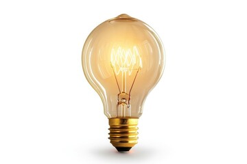 An illuminated light bulb sitting on a clean white surface