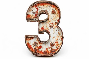 Old metal plate with faded numerals '3' on a clean white background