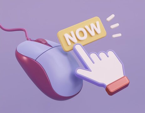 3D computer mouse hovering over a button that says NOW, 3D illustration