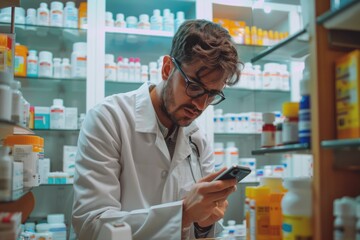 A scientist or doctor examining their mobile device, likely checking medical information or messages