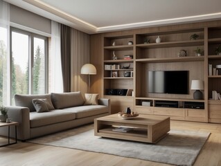 Modern Living Room with Large Window and Built-in Shelving Unit