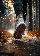 photograph portraying high detailed, runner, mdern sneakers feet running, a forest in the background