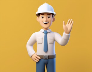 3D smiling construction worker waves hello, 3D illustration