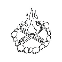 hand drawing of a campfire with flames rising from crossed logs surrounded by stones