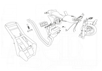 Disassembled motorcycle on a white background. Unique design.