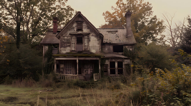 An old farmhouse with boarded windows stands abandoned in the night, along with code 00527.