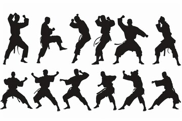 A set of karate practitioner silhouettes in action