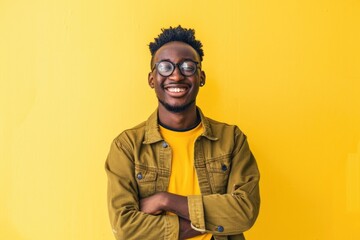 A person wearing glasses and standing with their arms crossed, possibly looking serious or thoughtful