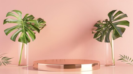 Obraz premium A stylish metallic gold podium against a muted blush pink background with large monstera leaves in clear glass vases creating a chic and elegant product display scene