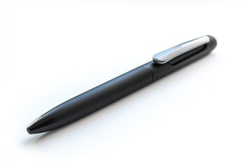 Black Ballpoint Pen with Silver Clip on White Background