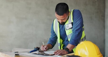 Man, paperwork and contractor for checklist on construction site, maintenance and project supervisor. Person, developer and architect manager for building renovation, document for floor plan schedule