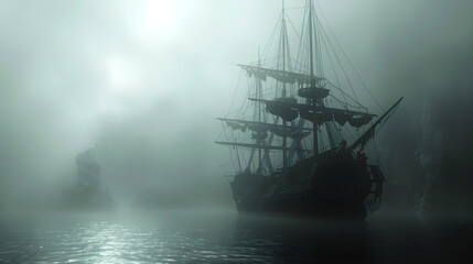 A ghostly ship sails through misty waters, surrounded by an eerie atmosphere of mystery.