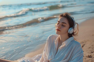 A woman sits on the beach, enjoying her favorite tunes