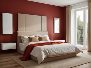 Modern Bedroom Interior with Red Wall, White Bed, and Tan Headboard