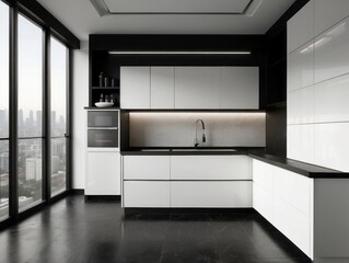 Fototapeta premium Modern White Kitchen with City View and Black Accents