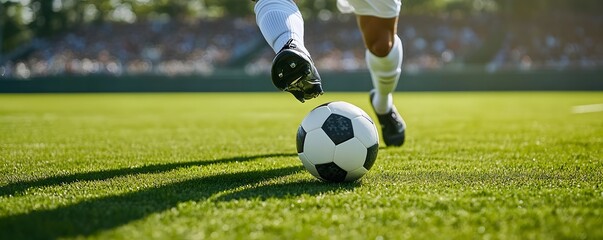 Obraz premium Close-up of a soccer player's foot kicking a ball